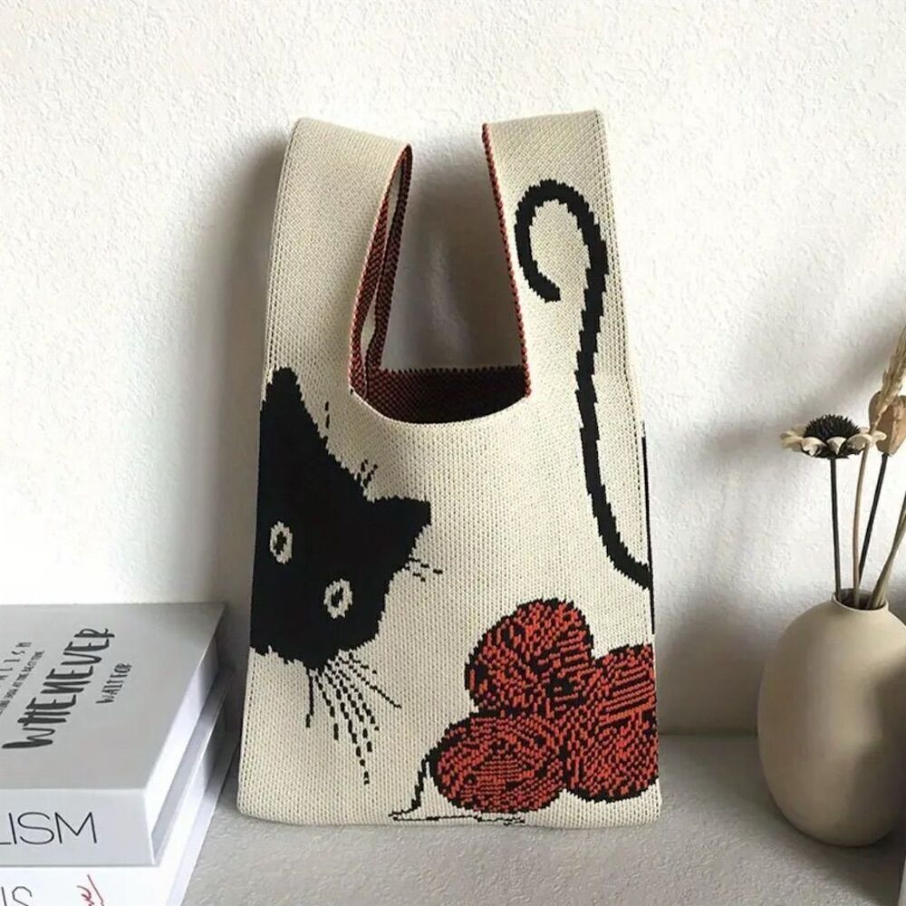Y2K Trendy Cat Motif Knit Small Tote Bag Cottagecore Animal Lover Witchy Goth - Picture 2 of 6